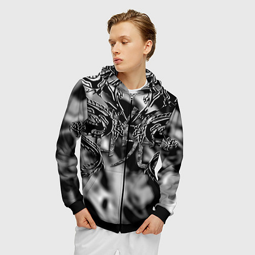 Мужская толстовка на молнии Оттенки серого черные трайбл драконы татуировка / 3D-Черный – фото 3