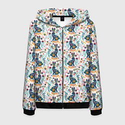 Мужская толстовка на молнии Новогодний паттерн - Кролики и веточки