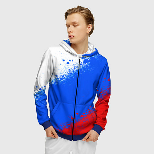 Мужская толстовка на молнии Флаг России - триколор / 3D-Синий – фото 3