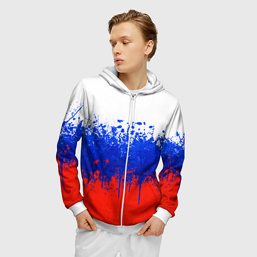 Мужская толстовка на молнии Флаг России с горизонтальными подтёками / 3D-Белый – фото 3