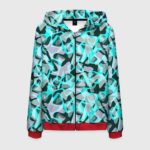 Мужская толстовка на молнии Пятнистый абстрактный узор серый с бирюзовыми лини / 3D-Красный – фото 1