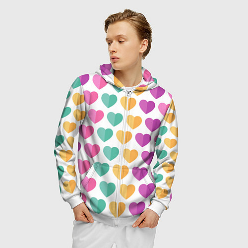Мужская толстовка на молнии Яркие сердечки / 3D-Белый – фото 3
