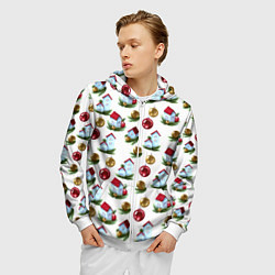 Толстовка 3D на молнии мужская Новогодние домики на белом - паттерн, цвет: 3D-белый — фото 2