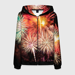 Толстовка 3D на молнии мужская Праздничный феерверк, цвет: 3D-черный