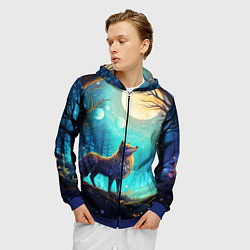 Толстовка 3D на молнии мужская Волк в ночном лесу в folk art стиле, цвет: 3D-синий — фото 2