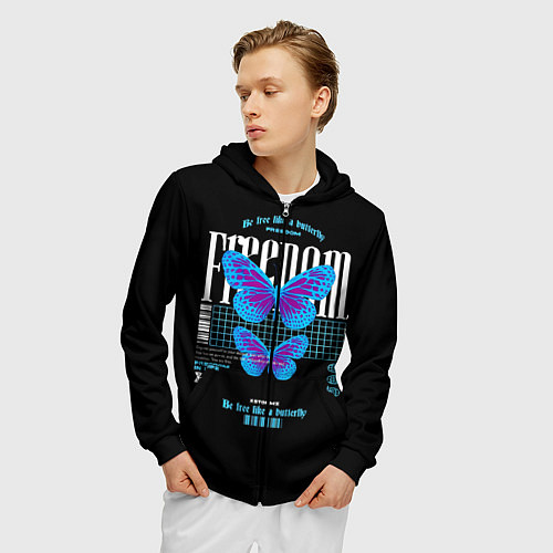 Мужская толстовка на молнии Be free like a butterfly / 3D-Черный – фото 3
