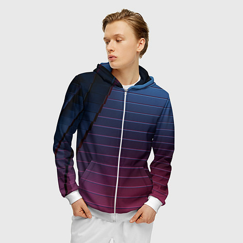 Мужская толстовка на молнии Абсрактная лестничная тёмно-синяя текстура / 3D-Белый – фото 3