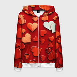 Толстовка 3D на молнии мужская Красные сердца на красном фоне, цвет: 3D-белый