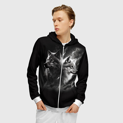 Мужская толстовка на молнии Волки - белый и черный / 3D-Белый – фото 3