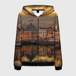 Толстовка 3D на молнии мужская Мирный город на воде и тучи, цвет: 3D-черный