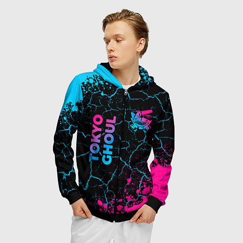 Мужская толстовка на молнии Tokyo Ghoul - neon gradient: надпись, символ / 3D-Черный – фото 3