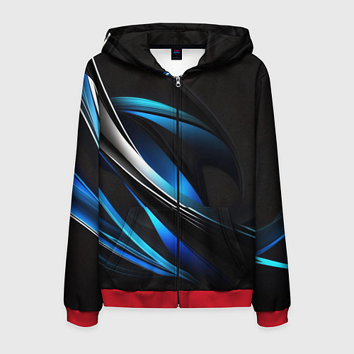 Мужская толстовка на молнии Абстрактные синие и белые линии на черном фоне / 3D-Красный – фото 1