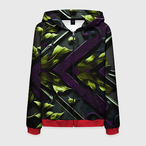 Мужская толстовка на молнии Зеленые листья и фиолетовые вставки / 3D-Красный – фото 1