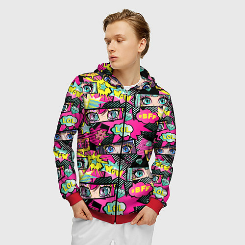 Мужская толстовка на молнии Глаза аниме-девушки: cool pattern / 3D-Красный – фото 3