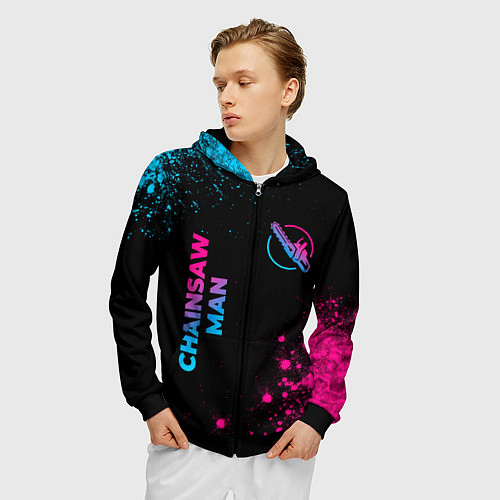 Мужская толстовка на молнии Chainsaw Man - neon gradient: надпись, символ / 3D-Черный – фото 3