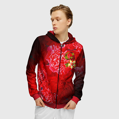 Мужская толстовка на молнии 9 мая и гвоздики / 3D-Красный – фото 3