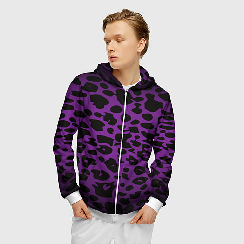 Мужская толстовка на молнии Фиолетовый леопард / 3D-Белый – фото 3