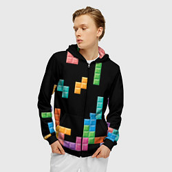 Толстовка 3D на молнии мужская Тетрис падающие блоки, цвет: 3D-черный — фото 2