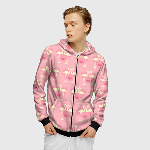 Мужская толстовка на молнии Любовный паттерн с фламинго / 3D-Черный – фото 3