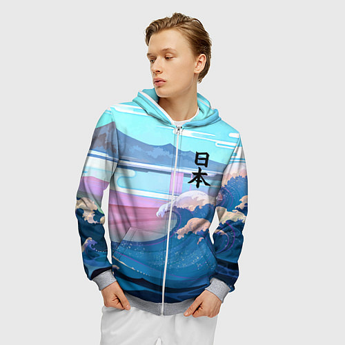Мужская толстовка на молнии Japan - landscape - waves / 3D-Меланж – фото 3