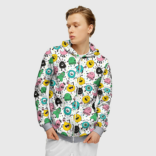 Мужская толстовка на молнии Весёлые монстры / 3D-Меланж – фото 3