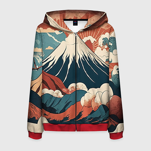 Мужская толстовка на молнии Ретро Фудзияма / 3D-Красный – фото 1