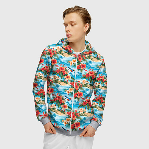 Мужская толстовка на молнии Гавайский стиль летние цветы / 3D-Меланж – фото 3