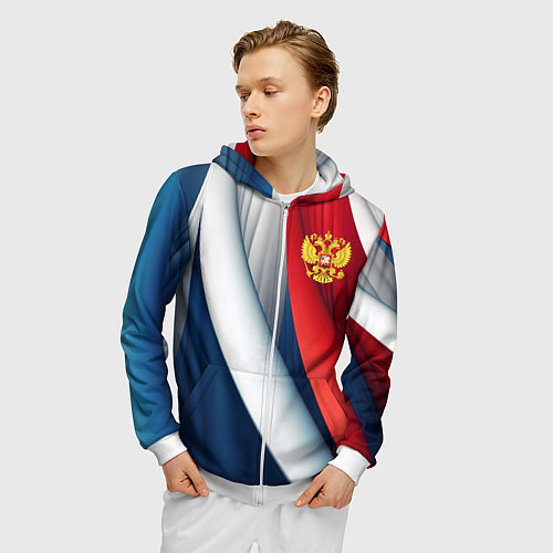 Мужская толстовка на молнии Герб России абстракция / 3D-Белый – фото 3