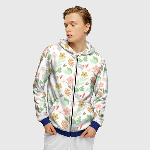 Мужская толстовка на молнии Листики цветочки / 3D-Синий – фото 3