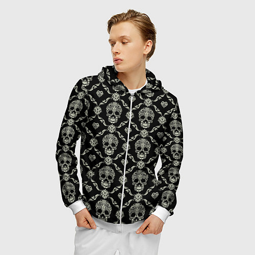 Мужская толстовка на молнии Узор с черепами Pattern with skulls / 3D-Белый – фото 3