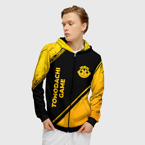 Мужская толстовка на молнии Tomodachi Game - gold gradient: надпись, символ / 3D-Черный – фото 3
