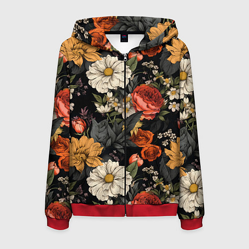 Мужская толстовка на молнии Цветочный паттерн на черном / 3D-Красный – фото 1