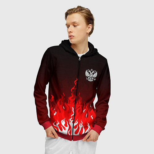 Мужская толстовка на молнии Герб РФ - красное пламя / 3D-Красный – фото 3