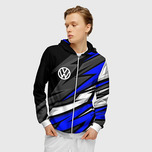 Мужская толстовка на молнии Volkswagen - Синяя абстракция / 3D-Белый – фото 3