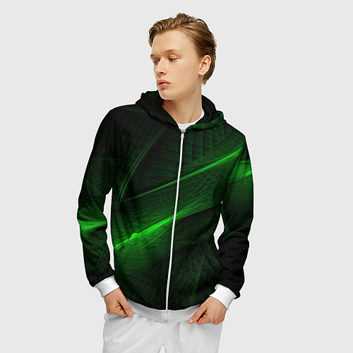 Мужская толстовка на молнии Green neon lines / 3D-Белый – фото 3