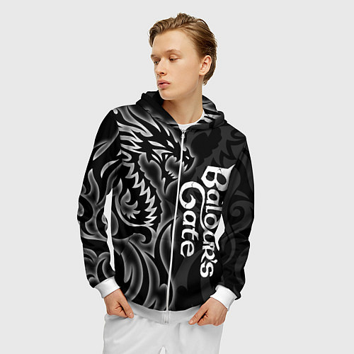 Мужская толстовка на молнии Балдурс гейт 3 - черный дракон / 3D-Белый – фото 3