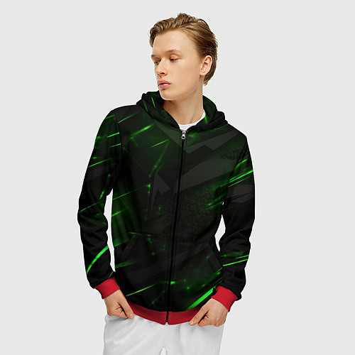 Мужская толстовка на молнии Dark black green abstract / 3D-Красный – фото 3