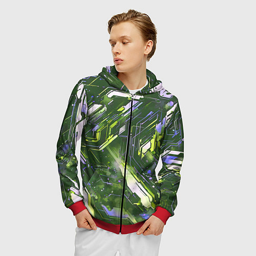 Мужская толстовка на молнии Космические кибер схемы зелёные / 3D-Красный – фото 3