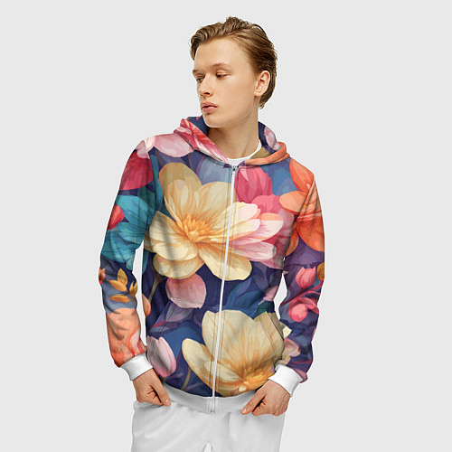Мужская толстовка на молнии Водянная лилия лотосы кувшинки / 3D-Белый – фото 3