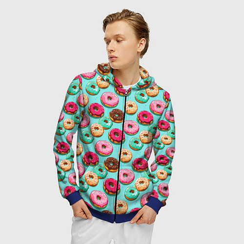 Мужская толстовка на молнии Разноцветные пончики паттерн / 3D-Синий – фото 3
