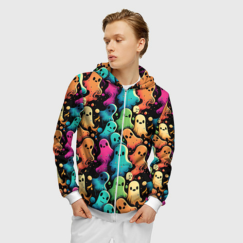 Мужская толстовка на молнии Паттерн с разноцветными приведениями / 3D-Белый – фото 3