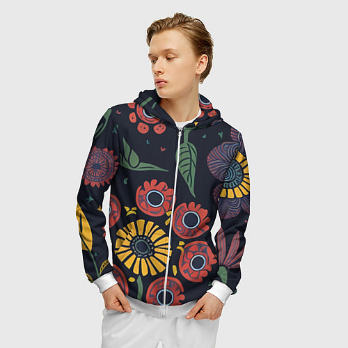 Мужская толстовка на молнии Простые цветы на глубоком синем / 3D-Белый – фото 3