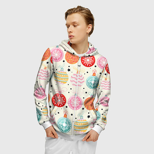 Мужская толстовка на молнии Разноцветные новогодние шары / 3D-Белый – фото 3