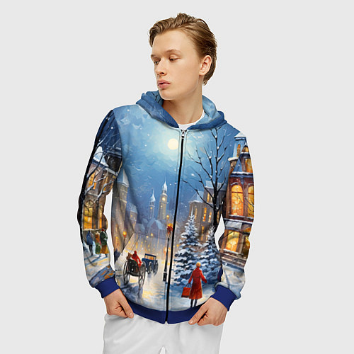 Мужская толстовка на молнии Новогодний городской пейзаж / 3D-Синий – фото 3