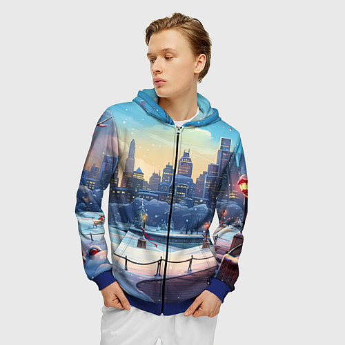 Мужская толстовка на молнии Зимний большой город / 3D-Синий – фото 3