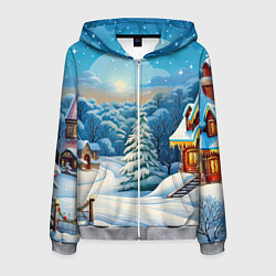 Толстовка 3D на молнии мужская Зимний домик и елка, цвет: 3D-меланж