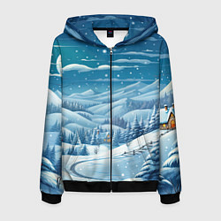 Толстовка 3D на молнии мужская Новогодний пейзаж природа, цвет: 3D-черный