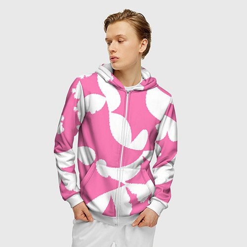 Мужская толстовка на молнии Бело-розовая абстрактная композиция / 3D-Белый – фото 3
