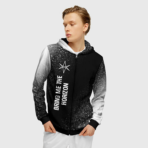 Мужская толстовка на молнии Bring Me the Horizon glitch на темном фоне по-верт / 3D-Черный – фото 3