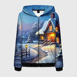 Толстовка 3D на молнии мужская Новый год зимний фон, цвет: 3D-черный